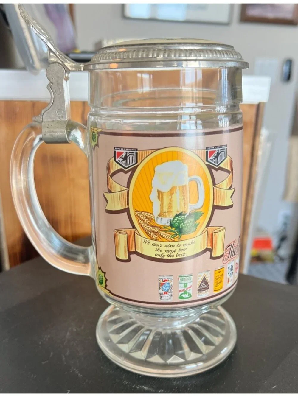 Vintage G. Heilman Brewing Company beer stein, clear glass body, metal lid
